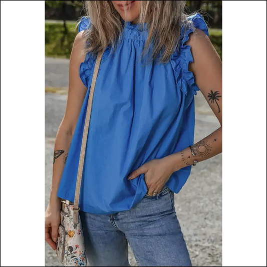 Sky Blue Frilled Neck Ruffle: Needful Things’ Arm Day Anthem’ 💙 - s - Sleeveless Shirts Tank Tops on Sale Worldwide Shipping