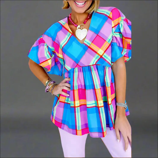 Sky Blue Plaid v Neck: Babydoll Blouse that Screams Women’s Fashion 💅 Needful Things! - s - Blouses on Sale Worldwide Shipping