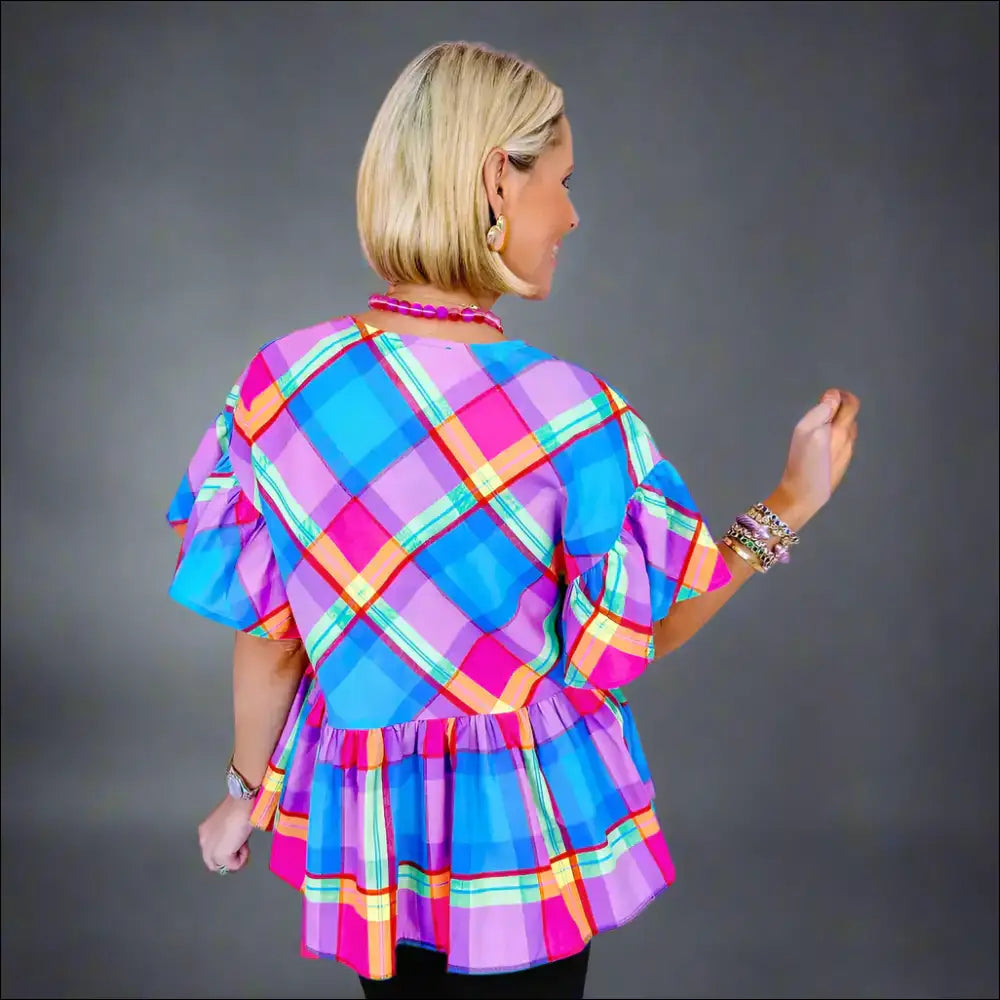 Sky Blue Plaid v Neck: Babydoll Blouse that Screams Women’s Fashion 💅 Needful Things! - Blouses on Sale Worldwide Shipping