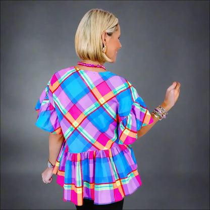 Sky Blue Plaid v Neck: Babydoll Blouse that Screams Women’s Fashion 💅 Needful Things! - Blouses on Sale Worldwide Shipping