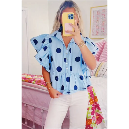 Sky Blue Polka Dot Blouse: Dotted Line to Fabulous 💙 - Blouses on Sale Worldwide Shipping