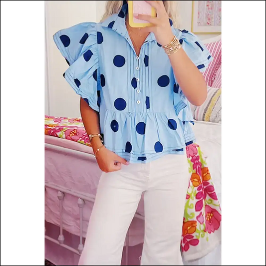 Sky Blue Polka Dot Blouse: Dotted Line to Fabulous 💙 - s - Blouses on Sale Worldwide Shipping