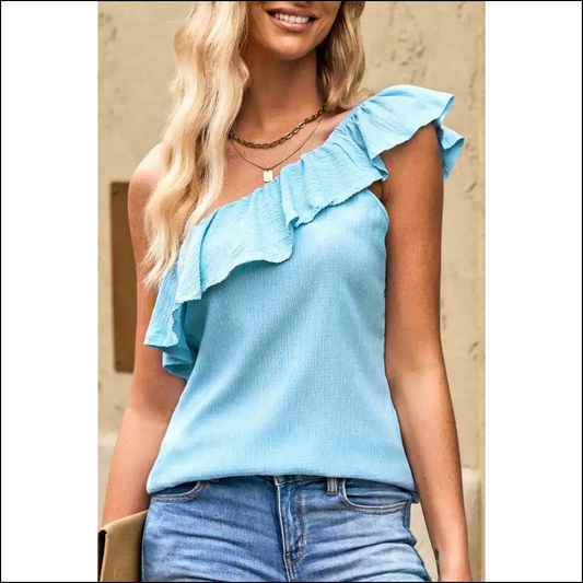 Sky Blue Ruffle: one Shoulder Zero Regrets 😈 Needful Things - s - Blouses on Sale Worldwide Shipping