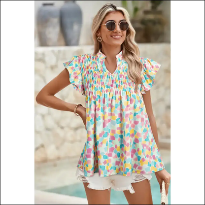 Sky Blue Smocked Blouse Frillier than your Aunt Mildred - Green / Xs - Blouses on Sale Worldwide Shipping