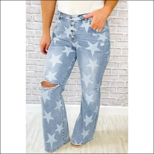 Sky Blue Star Print Slit Knee Jeans: Thigh High Five! 👖✨ - 1x - Jeans on Sale Worldwide Shipping