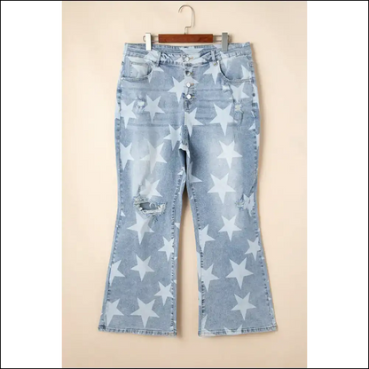 Sky Blue Star Print Slit Knee Jeans: Thigh High Five! 👖✨ - Jeans on Sale Worldwide Shipping