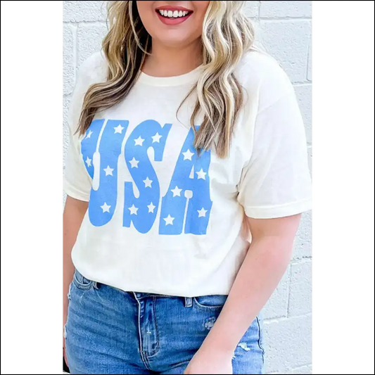 Sky Blue Stars Tee: Stripes & Curves! 🇺🇸 Needful Things - 1x - Plus Size Tops on Sale Worldwide Shipping