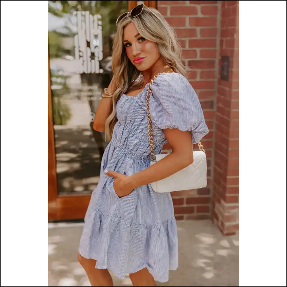 Sky Blue Stripe Babydoll Dress: Cute Needful Things - Short Dresses on Sale Worldwide Shipping