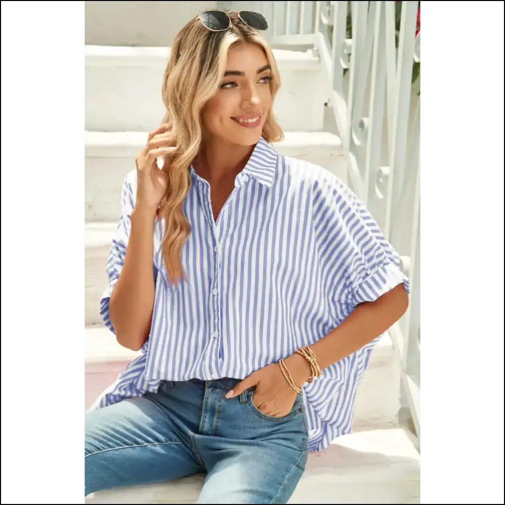 Sky Blue Stripe Blouse: from Meh’ to Damn Girl!’ at Needful Things 💙 - Blouses on Sale Worldwide Shipping