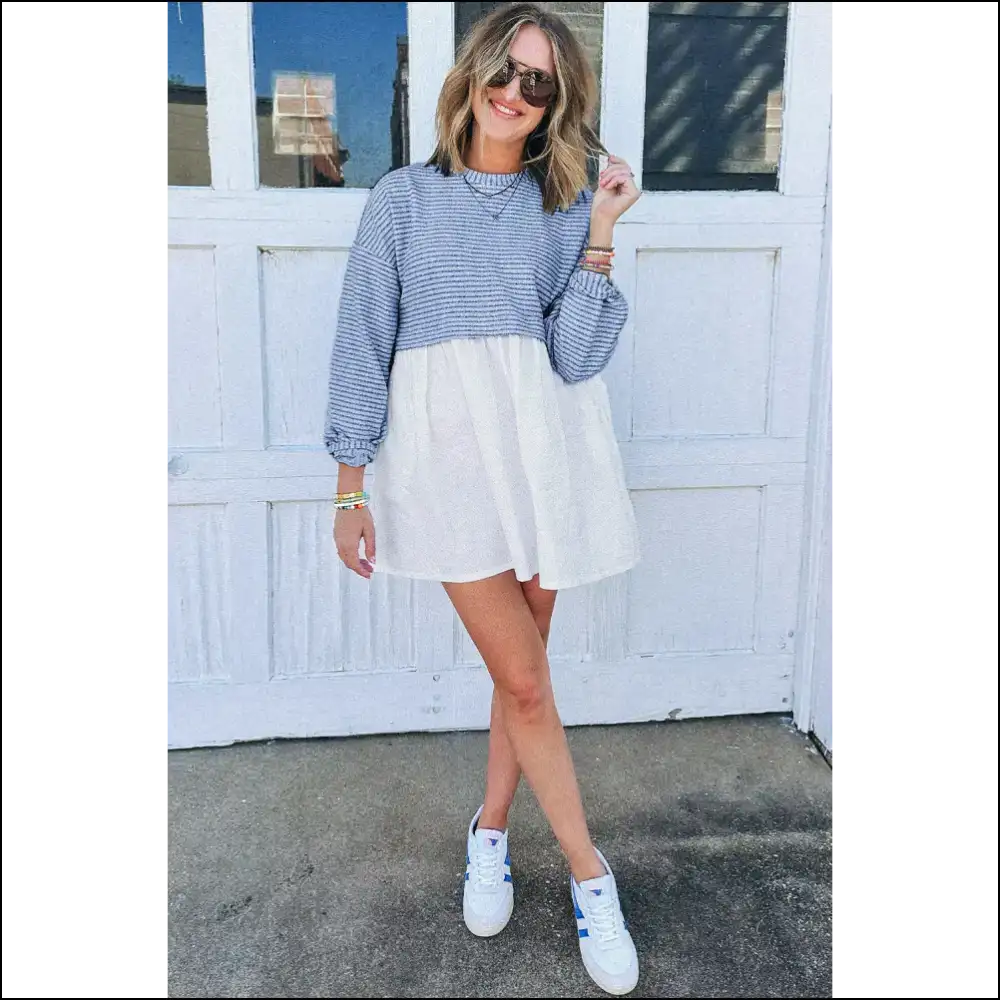 Sky Blue Stripe Mini Dress: Patchwork Party in your Pants! 💙 - Short Dresses on Sale Worldwide Shipping