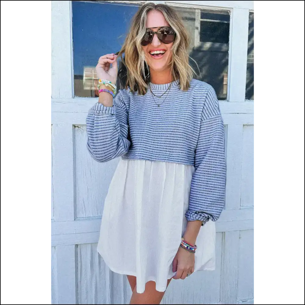 Sky Blue Stripe Mini Dress: Patchwork Party in your Pants! 💙 - Short Dresses on Sale Worldwide Shipping