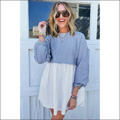Sky Blue Stripe Mini Dress: Patchwork Party in your Pants! 💙 - Short Dresses on Sale Worldwide Shipping