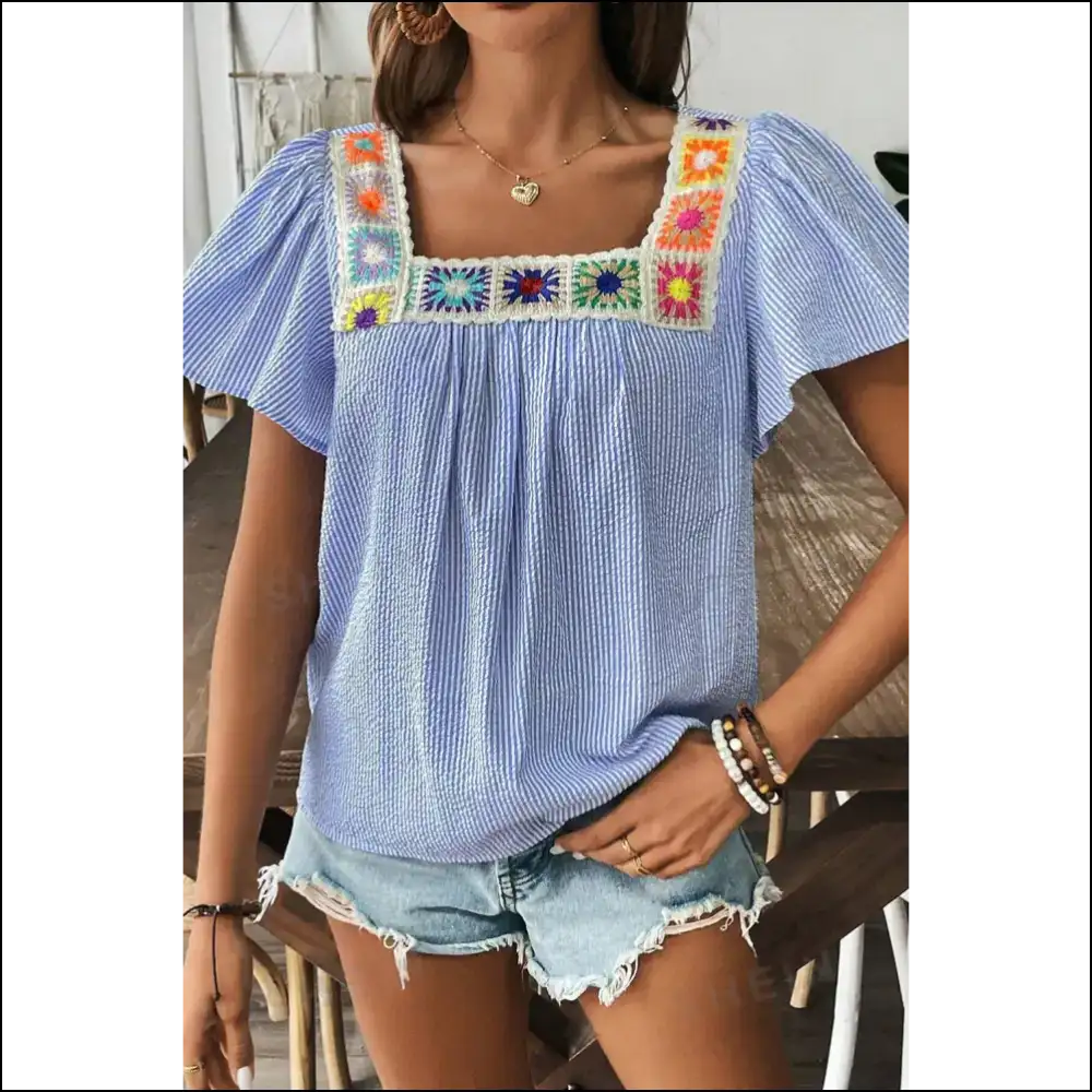 Sky Blue Striped Boho Blouse Because Adulting is Hard - s - Blouses on Sale Worldwide Shipping