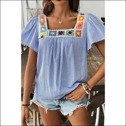 Sky Blue Striped Boho Blouse Because Adulting is Hard - s - Blouses on Sale Worldwide Shipping