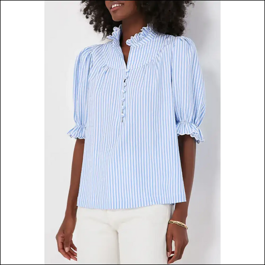 Sky Blue Striped Frill Neck: your ?I Woke Up Like This’ Blouse 💙 - s - Blouses on Sale Worldwide Shipping