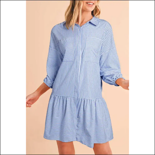 Sky Blue Striped Mini Dress: Ruffle Hem Problems? 😉 Needful Things - s - Short Dresses on Sale Worldwide Shipping