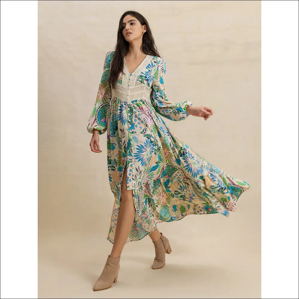 Chic Slit Printed V-neck Long Sleeve Midi Dress - Multicolor / s - Dresses on Sale Worldwide Shipping