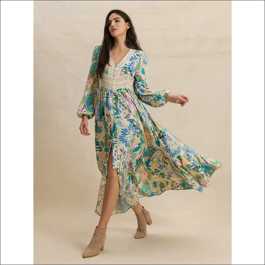 Chic Slit Printed V-neck Long Sleeve Midi Dress - Multicolor / s - Dresses on Sale Worldwide Shipping
