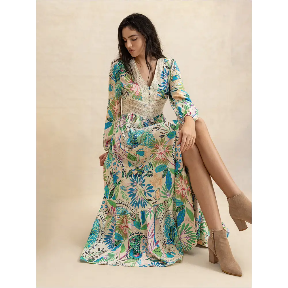 Chic Slit Printed V-neck Long Sleeve Midi Dress - Dresses on Sale Worldwide Shipping