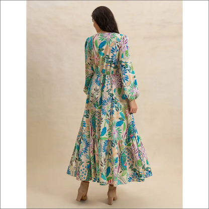 Chic Slit Printed V-neck Long Sleeve Midi Dress - Dresses on Sale Worldwide Shipping