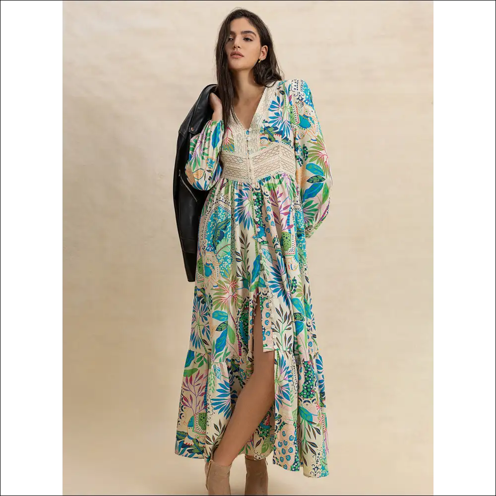 Chic Slit Printed V-neck Long Sleeve Midi Dress - Dresses on Sale Worldwide Shipping
