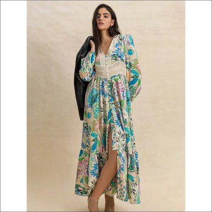 Chic Slit Printed V-neck Long Sleeve Midi Dress - Dresses on Sale Worldwide Shipping