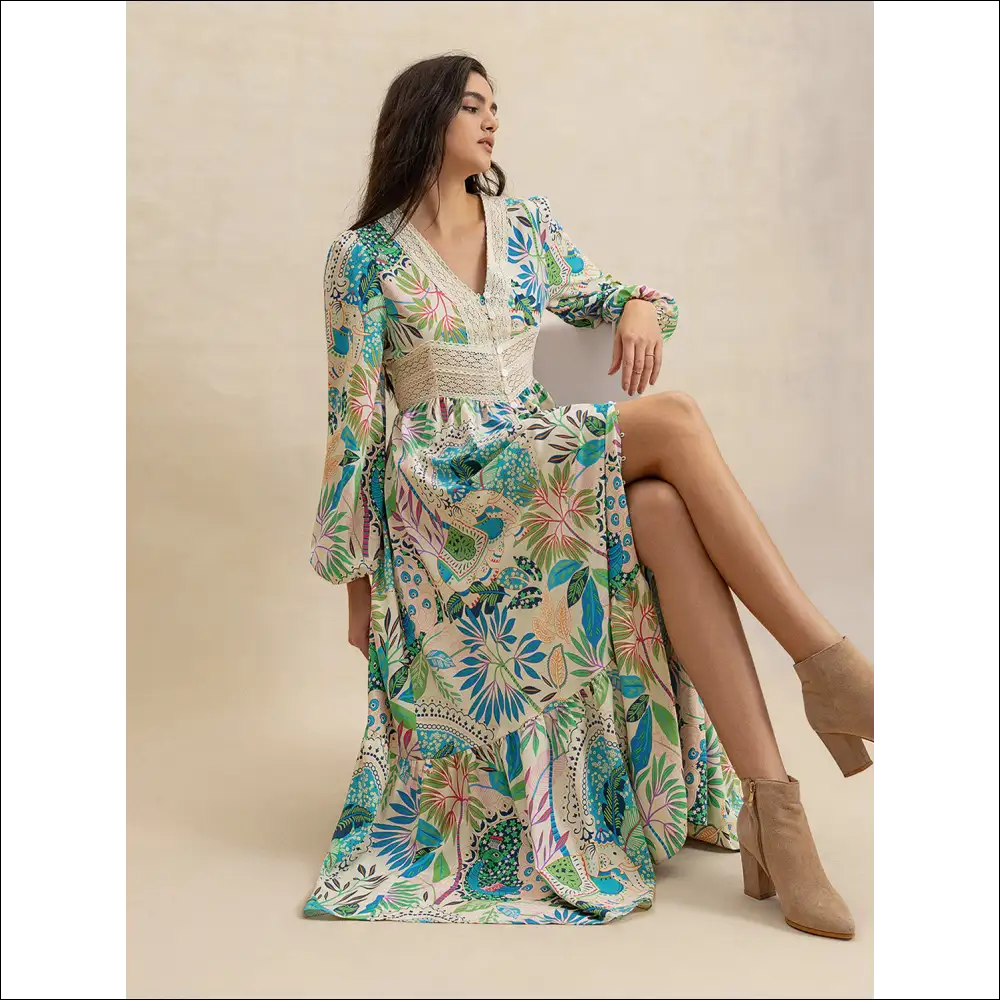 Chic Slit Printed V-neck Long Sleeve Midi Dress - Dresses on Sale Worldwide Shipping