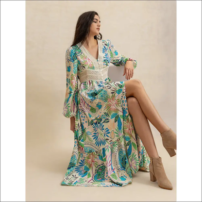 Chic Slit Printed V-neck Long Sleeve Midi Dress - Dresses on Sale Worldwide Shipping