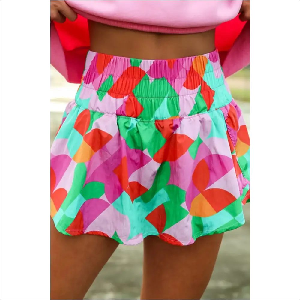 Smocked Contrast Print High Waist Skort - Green / l - Shorts on Sale Worldwide Shipping