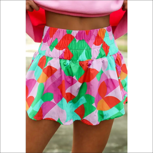 Smocked Contrast Print High Waist Skort - Green / l - Shorts on Sale Worldwide Shipping