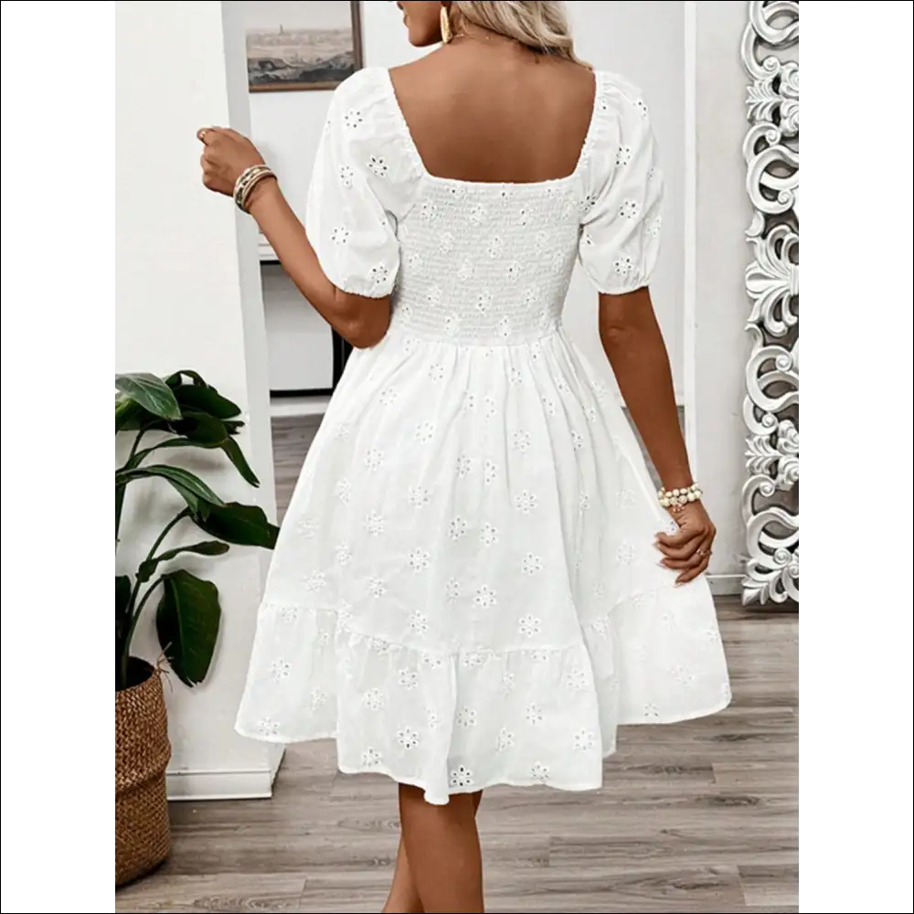 Chic Smocked Eyelet Puff Sleeve Mini Dress - Dresses on Sale Worldwide Shipping