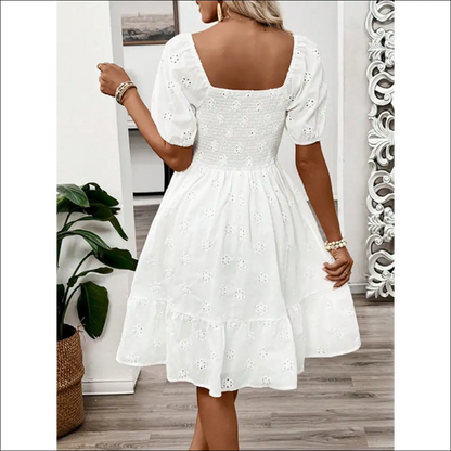 Chic Smocked Eyelet Puff Sleeve Mini Dress - Dresses on Sale Worldwide Shipping