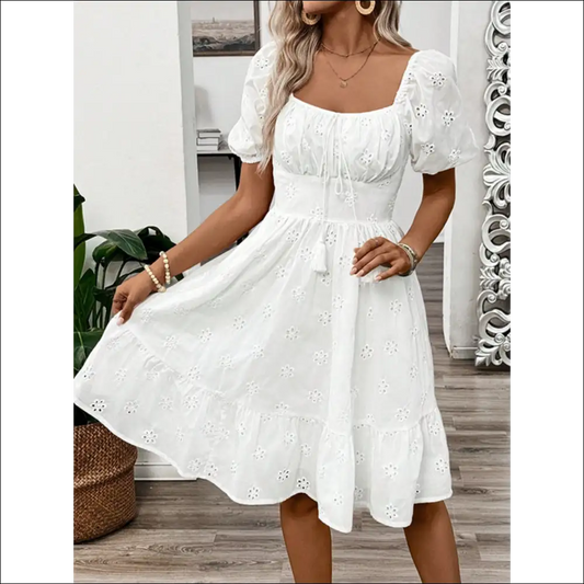 Chic Smocked Eyelet Puff Sleeve Mini Dress - White / l - Dresses on Sale Worldwide Shipping