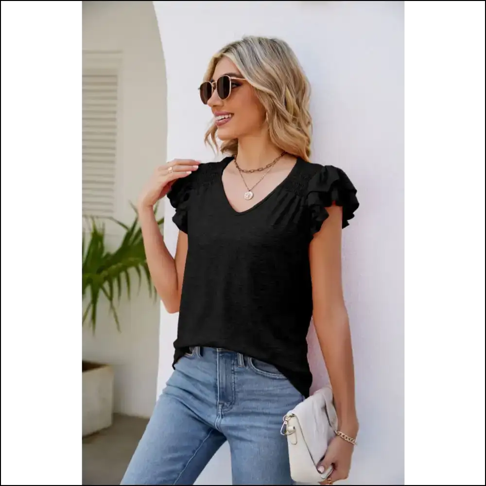 Smocked Flutter Sleeve V-neck Top - Black / l - Blouses on Sale Worldwide Shipping