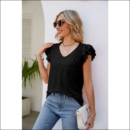 Smocked Flutter Sleeve V-neck Top - Black / l - Blouses on Sale Worldwide Shipping