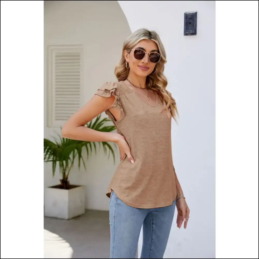 Smocked Flutter Sleeve V-neck Top - Blouses on Sale Worldwide Shipping