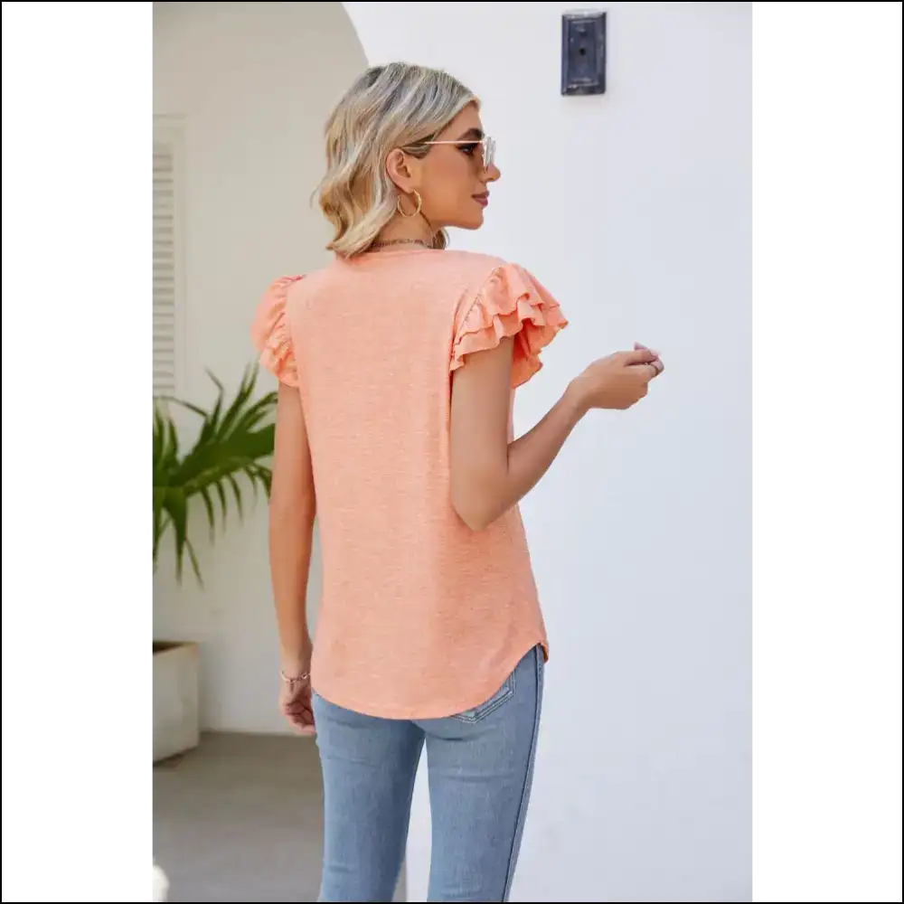Smocked Flutter Sleeve V-neck Top - Blouses on Sale Worldwide Shipping