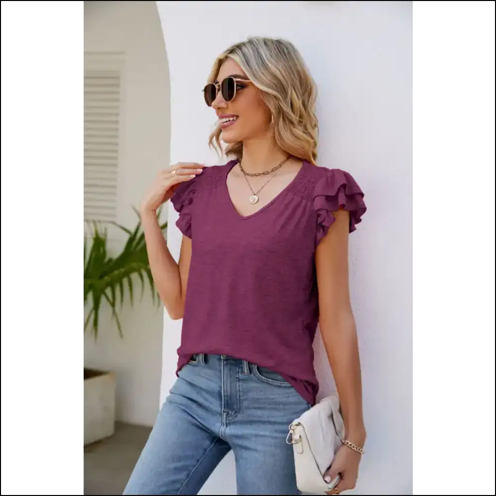 Smocked Flutter Sleeve V-neck Top - Purple / m - Blouses on Sale Worldwide Shipping