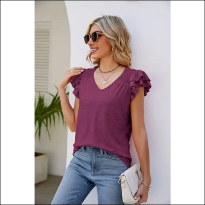 Smocked Flutter Sleeve V-neck Top - Purple / m - Blouses on Sale Worldwide Shipping