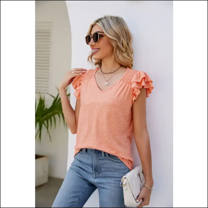 Smocked Flutter Sleeve V-neck Top - Tangerine / 2xl - Blouses on Sale Worldwide Shipping