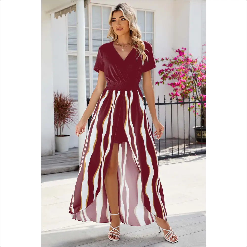 Chic Smocked High-low Printed Surplice Dress - Red / m - Dresses on Sale Worldwide Shipping