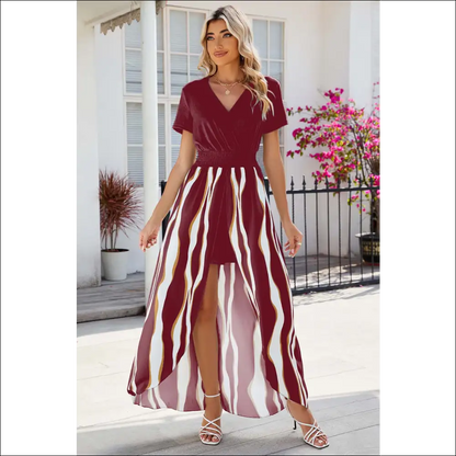Chic Smocked High-low Printed Surplice Dress - Red / m - Dresses on Sale Worldwide Shipping
