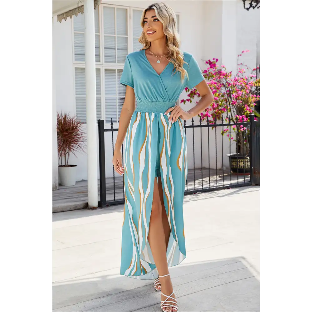 Chic Smocked High-low Printed Surplice Dress - Light Blue / m - Dresses on Sale Worldwide Shipping