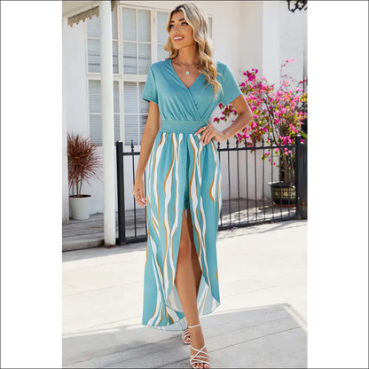Chic Smocked High-low Printed Surplice Dress - Light Blue / m - Dresses on Sale Worldwide Shipping
