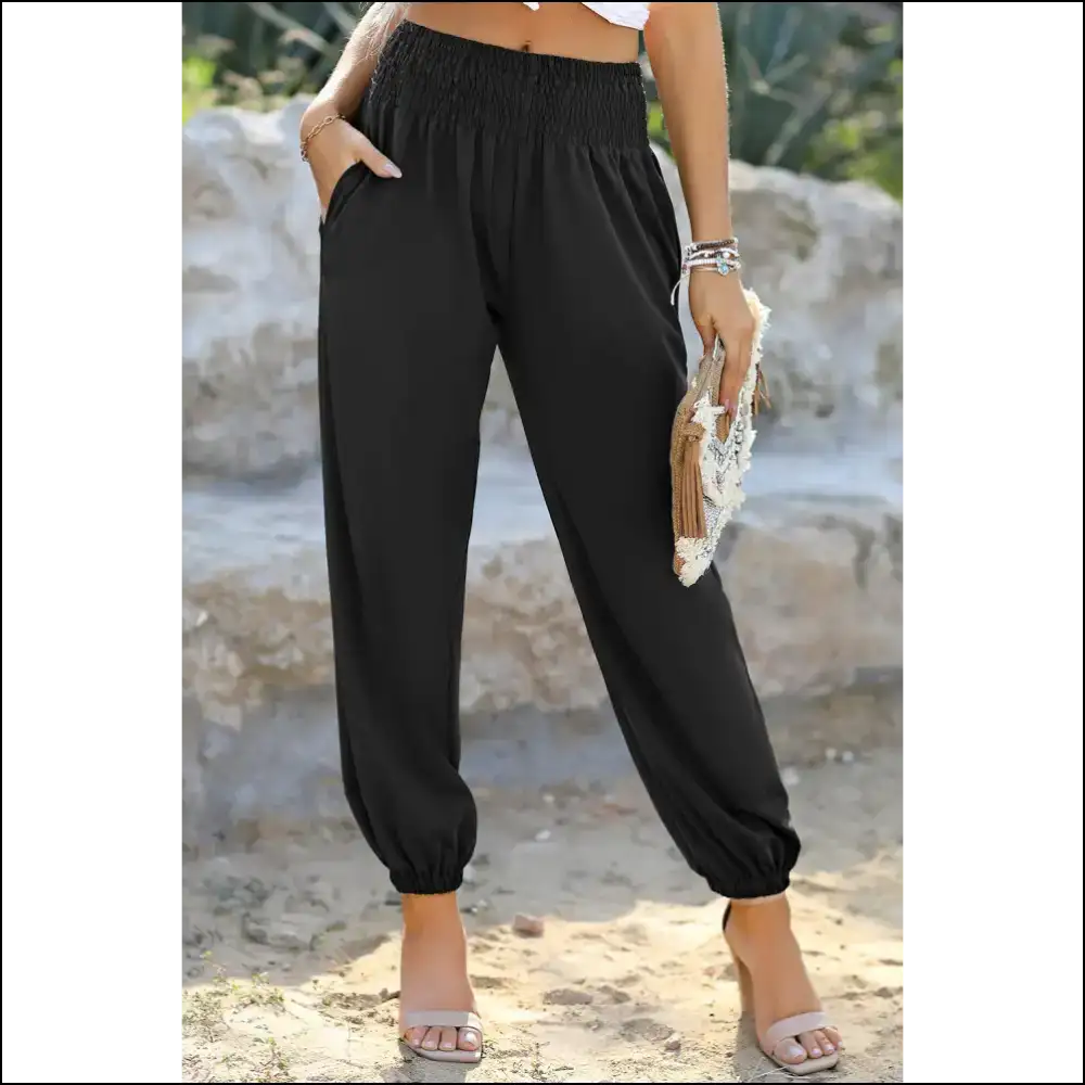 Smocked High Waist Joggers: Pants so Good Theyre Basically Legal Crack 🖤 - Black / s - on Sale Worldwide Shipping