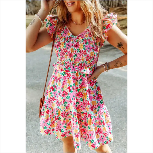 Smocked & Loaded: Floral Ruffle Trim Dress of Awesomeness 😈 Needful Things - Multicolor / s - Short Dresses on Sale Worldwide Shipping