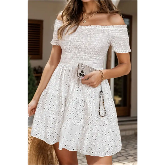 Chic Smocked Off-shoulder Mini Dress - White / l - Dresses on Sale Worldwide Shipping