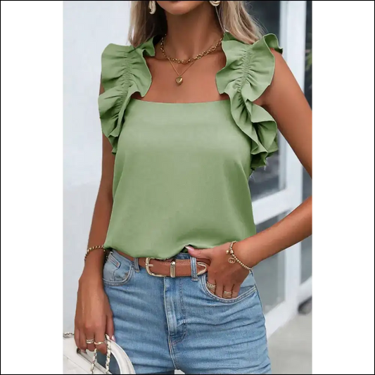 Smoke Green Ruffle: Needful Things’ Fabulous Sleeveless Top 💚 - Jungle / s - Shirts Tank Tops on Sale Worldwide Shipping