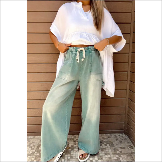 Smoke Green Wide Leg Jeans: Karaoke Louder than your Legs! - 4 - Jeans on Sale Worldwide Shipping