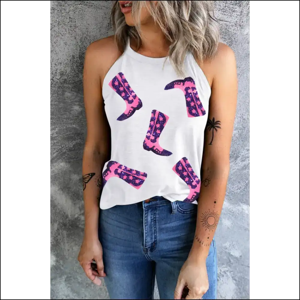 Sparkle & Shine Sequin Boots Round Neck Tank - Tops on Sale Worldwide Shipping